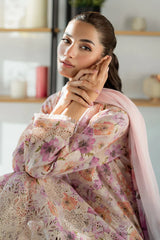 BrandsInn-3PC LAWN SCHIFFLI EMBROIDERED PRINTED SHIRT WITH SILK PRINT DUPATTA AND PRINT TROUSER-039