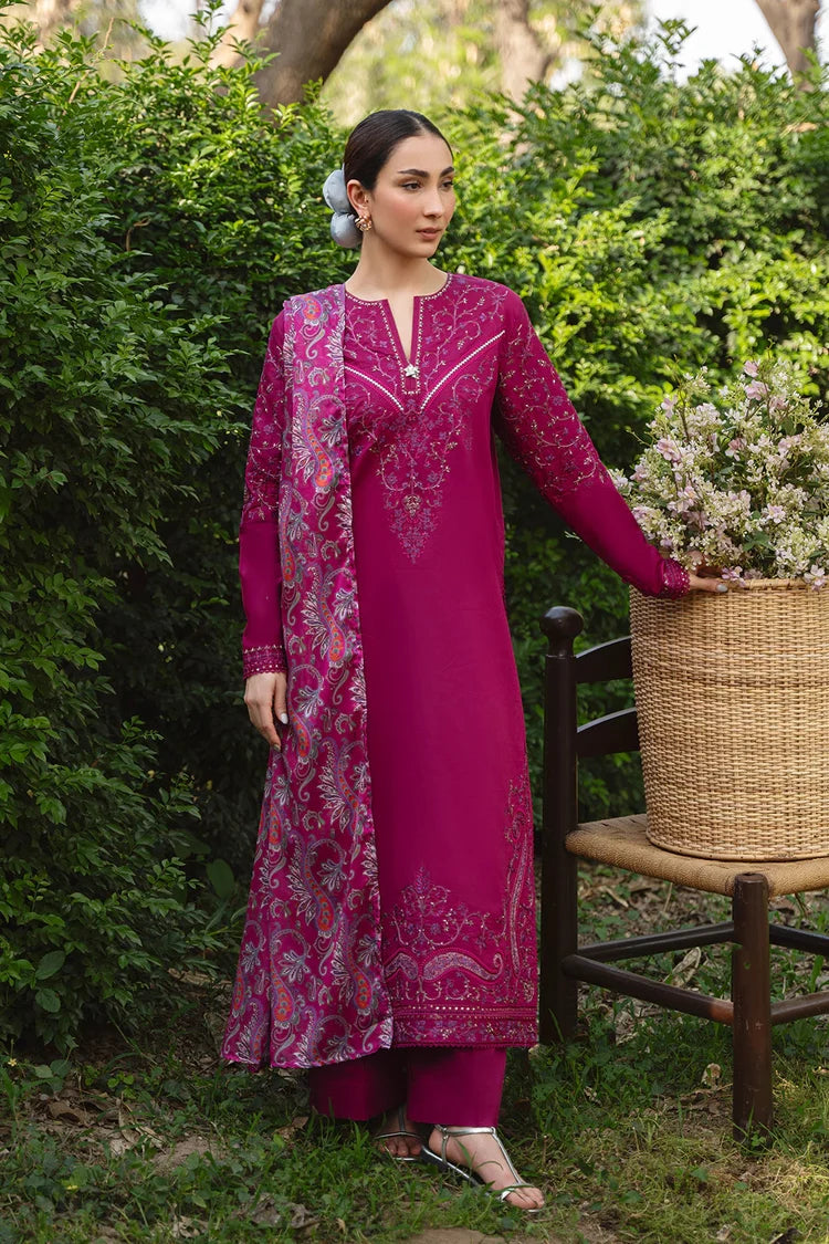 BrandsInn-3PC DHANAK EMBROIDERED SHIRT WITH COURTRAI WOOL PRINTED SHAWL AND TROUSER-BI-5219