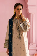 BrandsInn-3PC DHANAK EMBROIDERED SHIRT WITH DHANAK EMBROIDERED SHAWL & EMB TROUSER-BI-4162