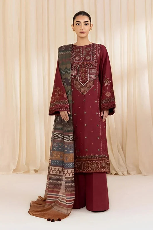 BrandsInn-3PC DHANAK EMBROIDERED SHIRT WITH COURTRAI PRINTED SHAWL AND TROUSER-BI-4065