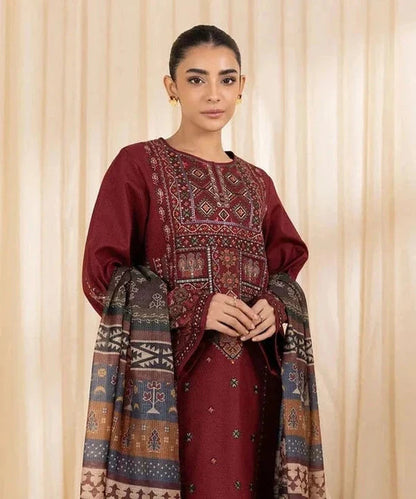 BrandsInn-3PC DHANAK EMBROIDERED SHIRT WITH COURTRAI PRINTED SHAWL AND TROUSER-BI-4065