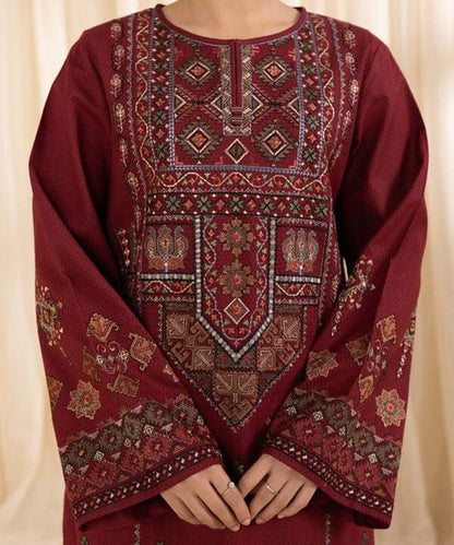 BrandsInn-3PC DHANAK EMBROIDERED SHIRT WITH COURTRAI PRINTED SHAWL AND TROUSER-BI-4065