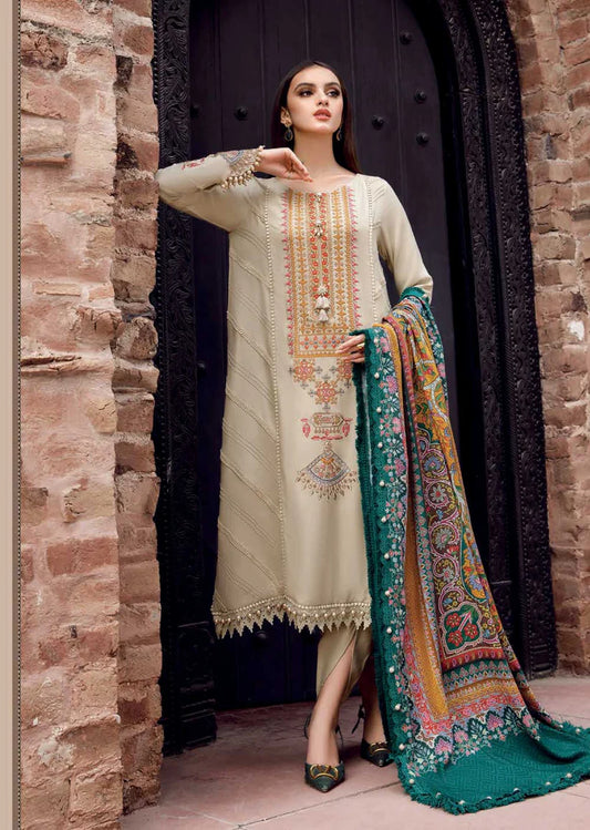 BrandsInn-3PC DHANAK EMBROIDERED SHIRT WITH COUTRAI PRINTED SHAWL AND TROUSER-BI-4156