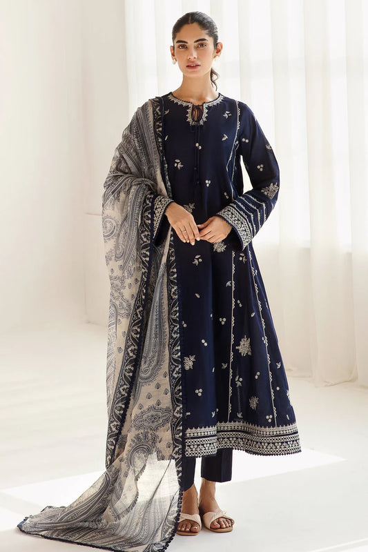 BrandsInn-3PC DHANAK SEQUENCE EMBROIDERED SHIRT WITH COUTRAI PRINTED SHAWL & DHANAK TOUSER-BI-4142
