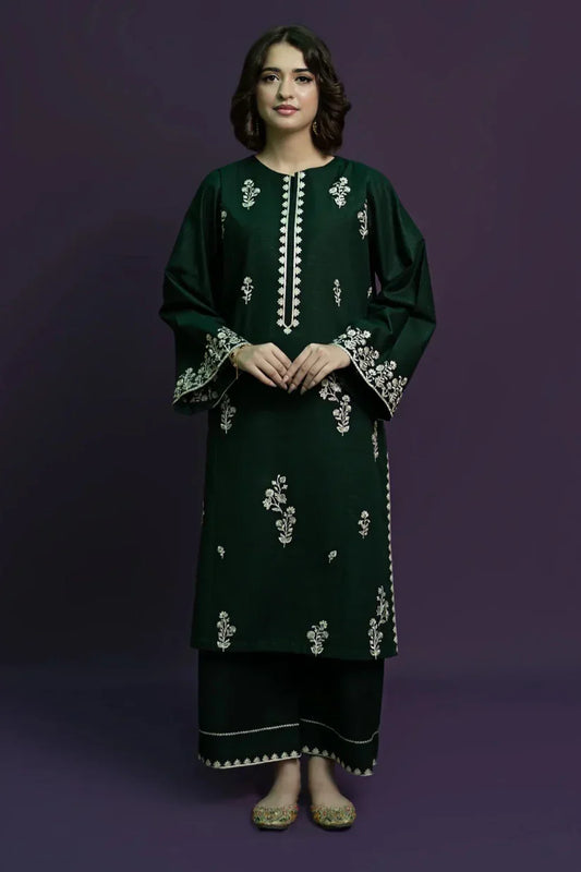 BrandsInn - 2PC DHANAK EMBROIDERED SHIRT WITH DHANAK EMBROIDERED TROUSER-BI-4061