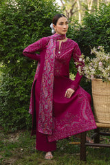 BrandsInn-3PC DHANAK EMBROIDERED SHIRT WITH COURTRAI WOOL PRINTED SHAWL AND TROUSER-BI-5219