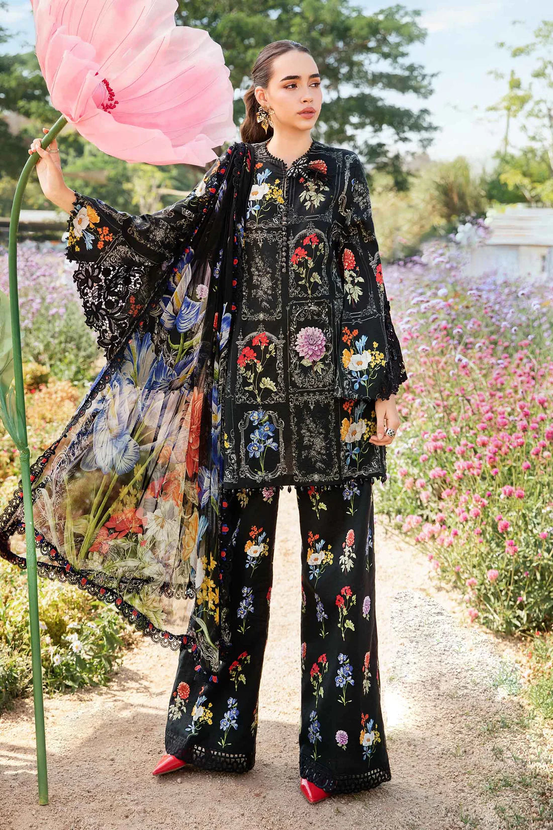 BrandsInn-3PC LAWN EMBROIDERED PRINTED SHIRT WITH CHIFFON PRINT DUPATTA AND PRINT TROUSER-BI-342