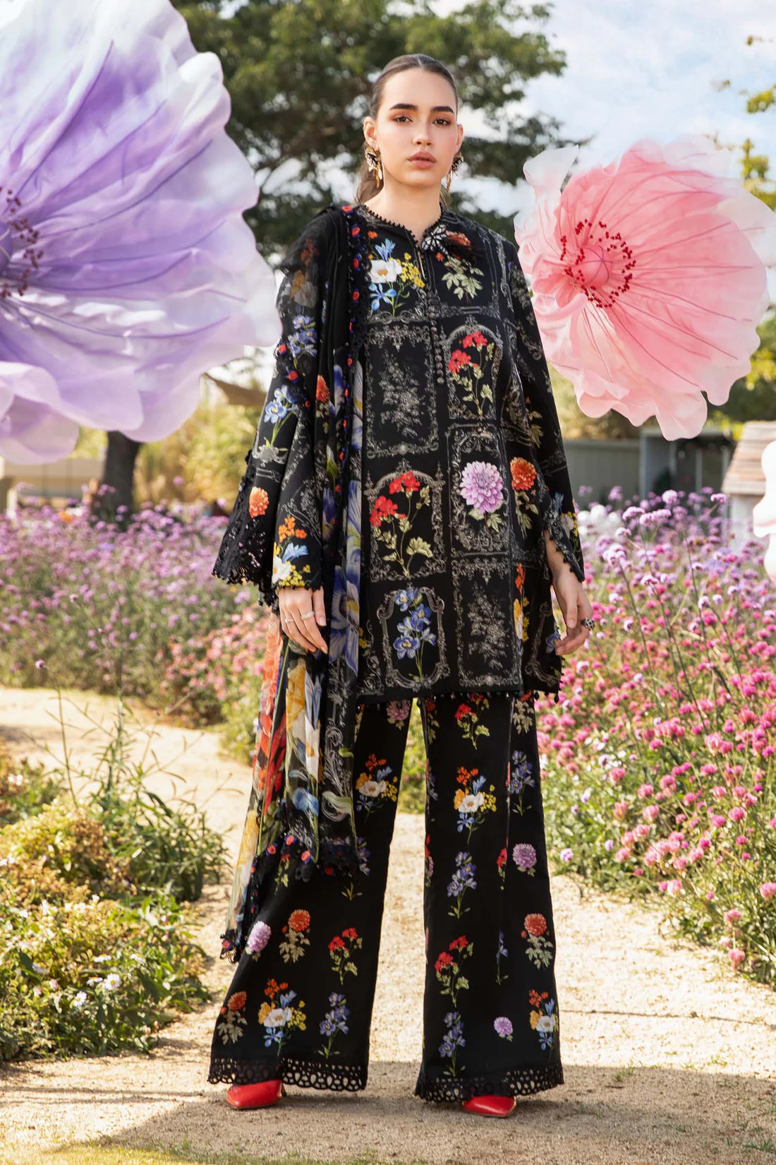 BrandsInn-3PC LAWN EMBROIDERED PRINTED SHIRT WITH CHIFFON PRINT DUPATTA AND PRINT TROUSER-BI-342