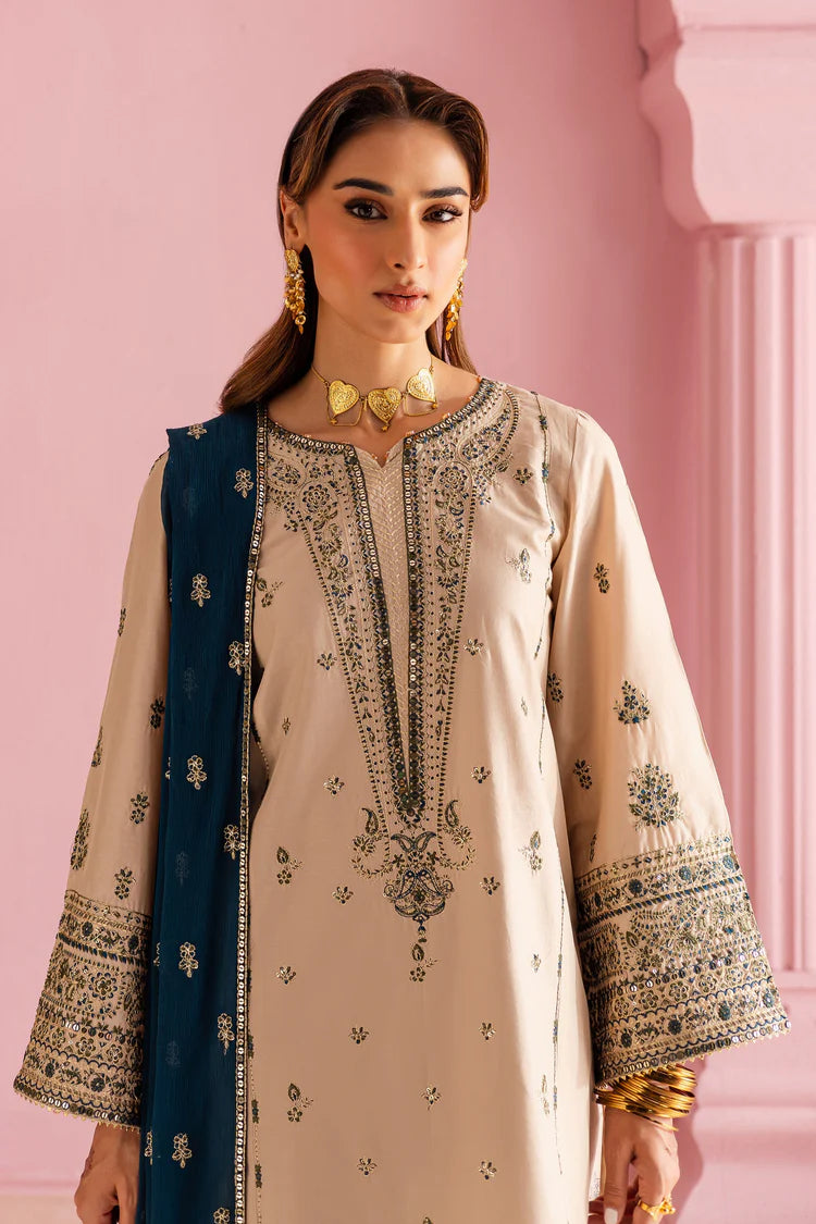 BrandsInn-3PC DHANAK EMBROIDERED SHIRT WITH DHANAK EMBROIDERED SHAWL & EMB TROUSER-BI-4162