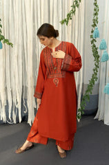 BrandsInn-3PC DHANAK EMBROIDERED SHIRT WITH COUTRAI PRINTED SHAWL AND TROUSER-BI-4120