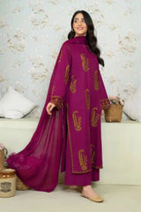 BrandsInn-3PC DHANAK EMBROIDERED SHIRT WITH DHANAK EMBROIDERED SHAWL AND TROUSER-BI-4181