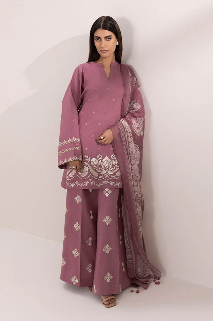 BrandsInn-3PC DHANAK EMBROIDERED SHIRT COUTRAI PRINTED SHAWL & EMB TROUSER-BI-4157