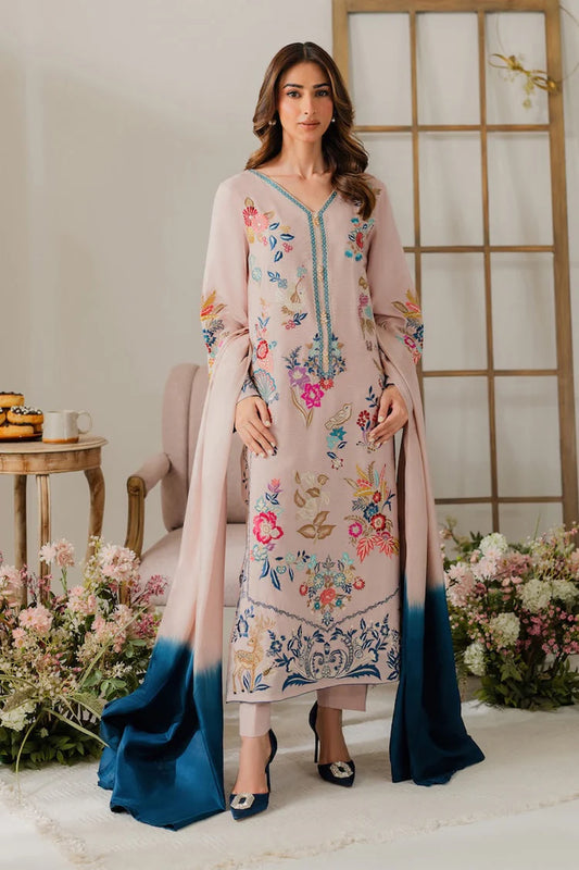 BrandsInn-3PC DHANAK EMBROIDERED SHIRT WITH TYE & DYE CHIFFON DUPATTA AND TROUSER-BI-4314