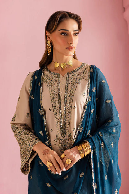 BrandsInn-3PC DHANAK EMBROIDERED SHIRT WITH DHANAK EMBROIDERED SHAWL & EMB TROUSER-BI-4162
