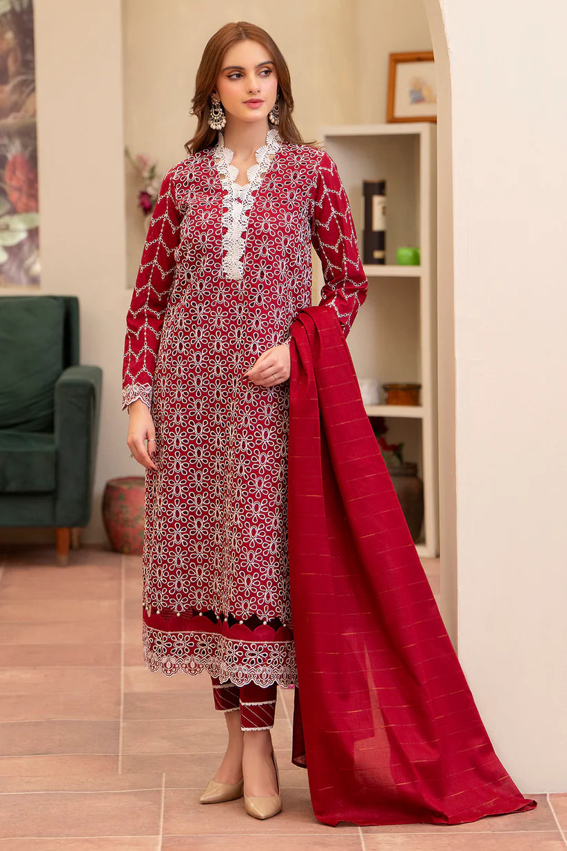 BrandsInn-3PC LAWN CHIKENKARI EMBROIDERED SHIRT WITH LAWN TUBE SLUB DUPATTA-BI-325