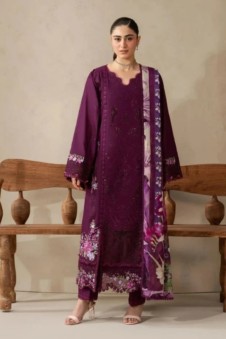 BrandsInn-3PC DHANAK EMBROIDERED SHIRT WITH COUTRAI PRINTED SHAWL AND TROUSER-BI-5253