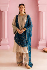 BrandsInn-3PC DHANAK EMBROIDERED SHIRT WITH DHANAK EMBROIDERED SHAWL & EMB TROUSER-BI-4162