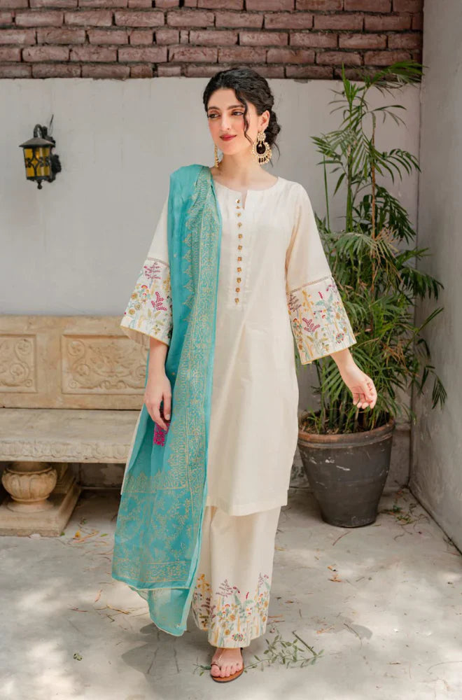BrandsInn - 3PC DHANAK EMBROIDERED SHIRT WITH COUTURE WOOL PRINT SHAWL AND EMB TROUSER-BI-4121