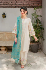 BrandsInn - 3PC DHANAK EMBROIDERED SHIRT WITH COUTURE WOOL PRINT SHAWL AND EMB TROUSER-BI-4121