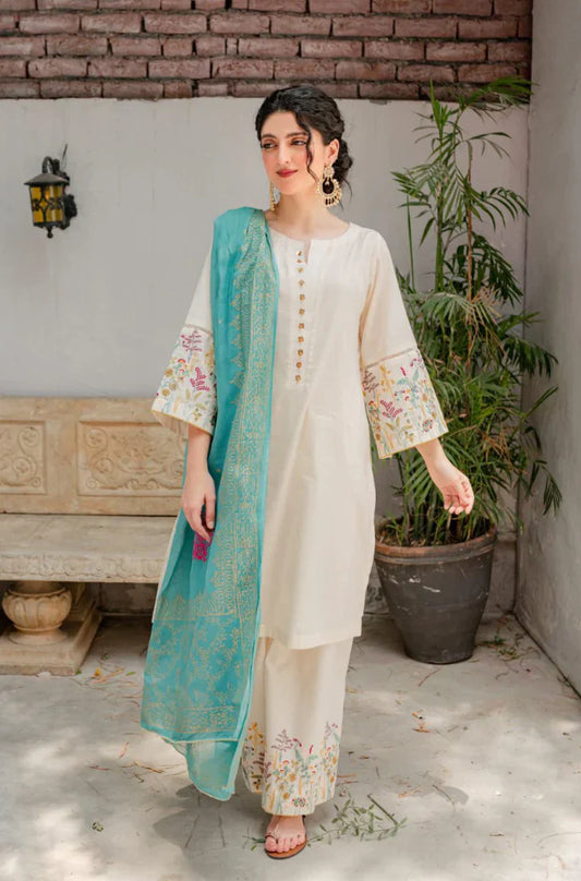 BrandsInn - 3PC DHANAK EMBROIDERED SHIRT WITH COUTURE WOOL PRINT SHAWL AND EMB TROUSER-BIC-4018