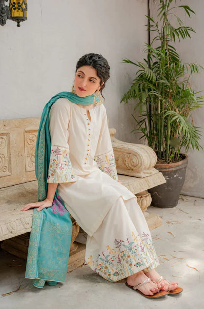 BrandsInn - 3PC DHANAK EMBROIDERED SHIRT WITH COUTURE WOOL PRINT SHAWL AND EMB TROUSER-BI-4121