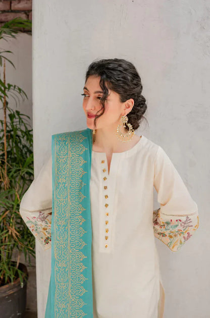 BrandsInn - 3PC DHANAK EMBROIDERED SHIRT WITH COUTURE WOOL PRINT SHAWL AND EMB TROUSER-BI-4121