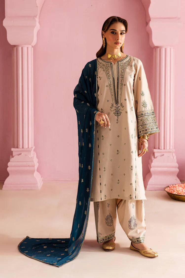BrandsInn-3PC DHANAK EMBROIDERED SHIRT WITH DHANAK EMBROIDERED SHAWL & EMB TROUSER-BI-4162