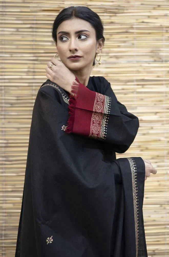 BrandsInn- 3PC DHANAK SHIRT WITH SLUB WOOL PRINT SHAWL-BI-4075
