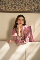 BrandsInn-3PC DHANAK EMBROIDERED SHIRT WITH WOOL PRINTED SHAWL AND TROUSER-BI-5023