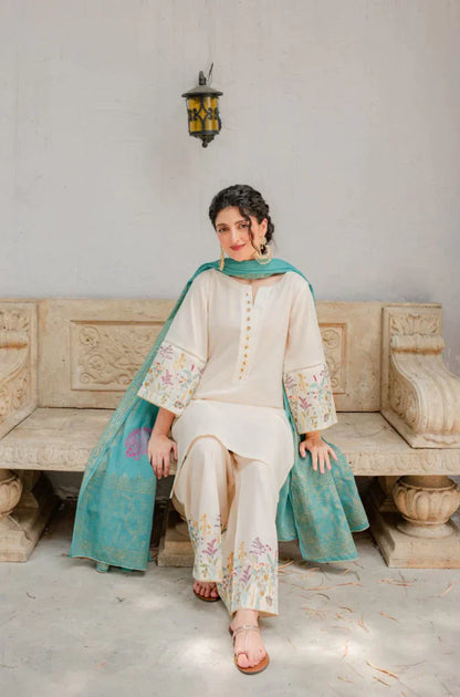 BrandsInn - 3PC DHANAK EMBROIDERED SHIRT WITH COUTURE WOOL PRINT SHAWL AND EMB TROUSER-BI-4121