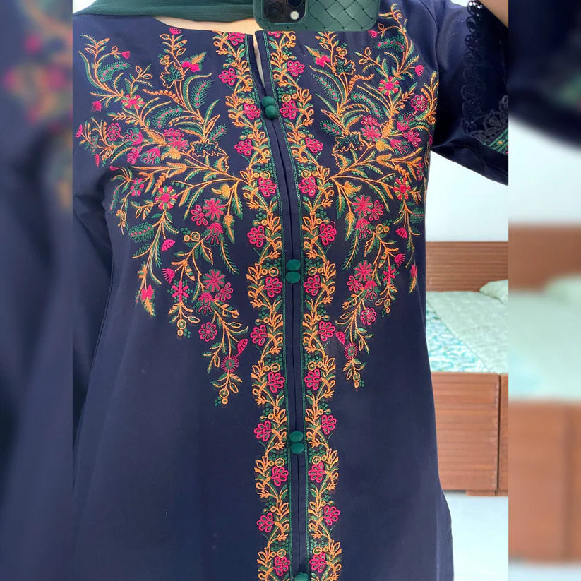 BRANDSINN-3PC DHANAK EMBROIDERED SHIRT WITH BAMBER CHIFFON DUPATTA AND EMB TROUSER-BI-4117