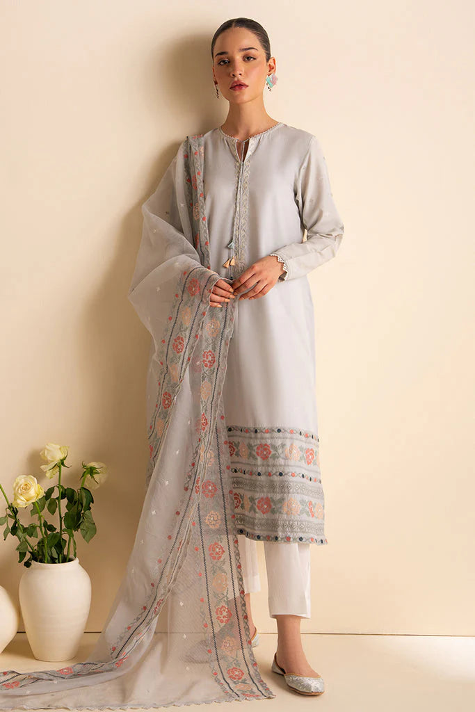 BrandsInn-3PC DHANAK EMBROIDERED SHIRT WITH ORGANZA EMBROIDRED DUPATTA AND TROUSER--BI-4086