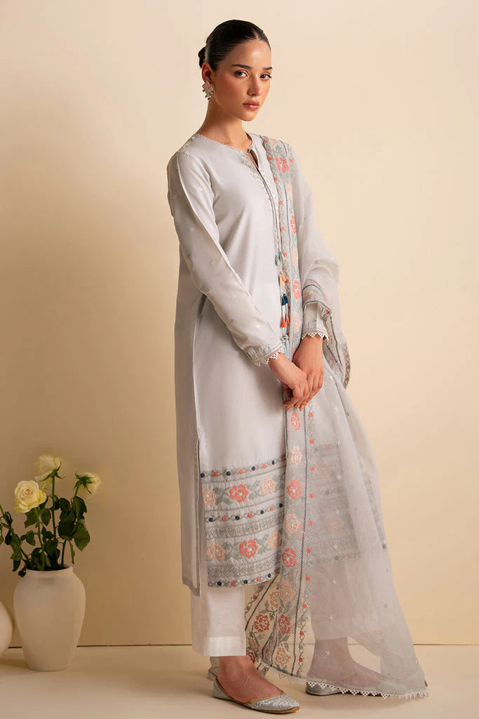 BrandsInn-3PC DHANAK EMBROIDERED SHIRT WITH ORGANZA EMBROIDRED DUPATTA AND TROUSER--BI-4086
