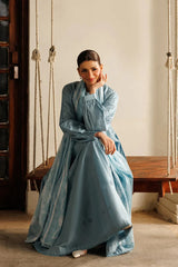 BrandsInn-3PC LAWN CHIKANKAARI EMB FROCK WITH CHIFFON PRINTED DUPATTA & DYED TROUSER-BI-4887