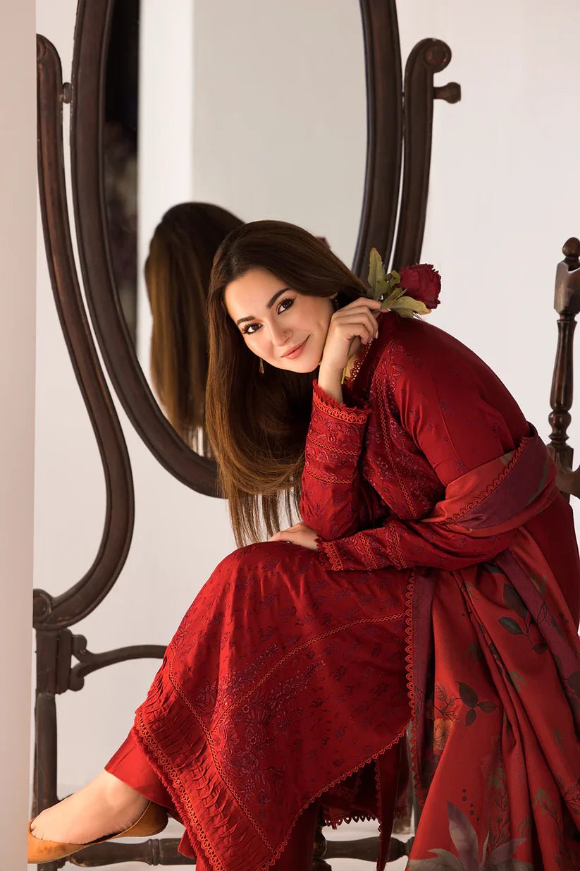 BrandsInn-3PC DHANAK EMBROIDERED SHIRT WITH COURTRAI PRINTED SHAWL AND TROUSER-BI-4026