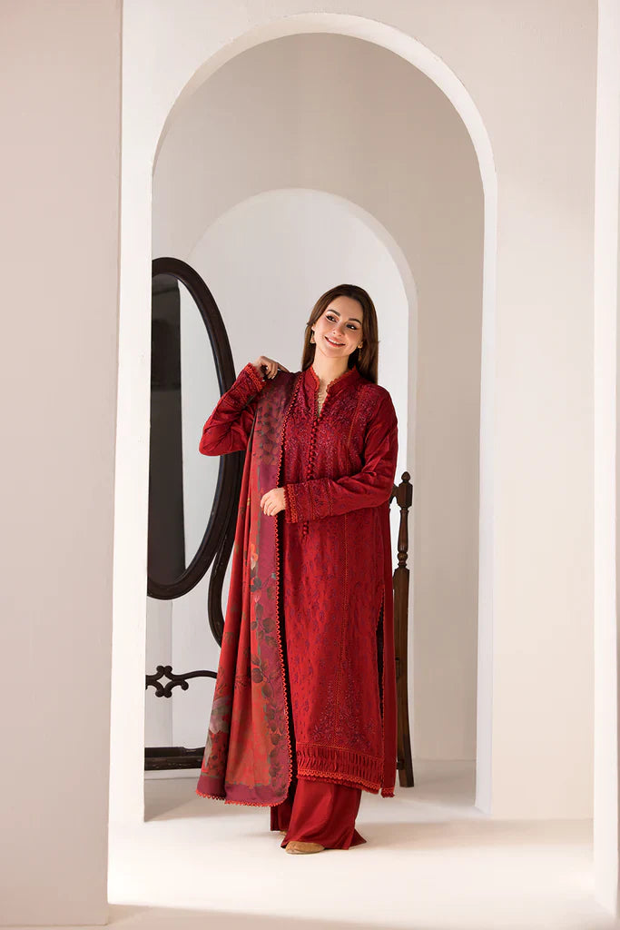 BrandsInn-3PC DHANAK EMBROIDERED SHIRT WITH COURTRAI PRINTED SHAWL AND TROUSER-BI-4026