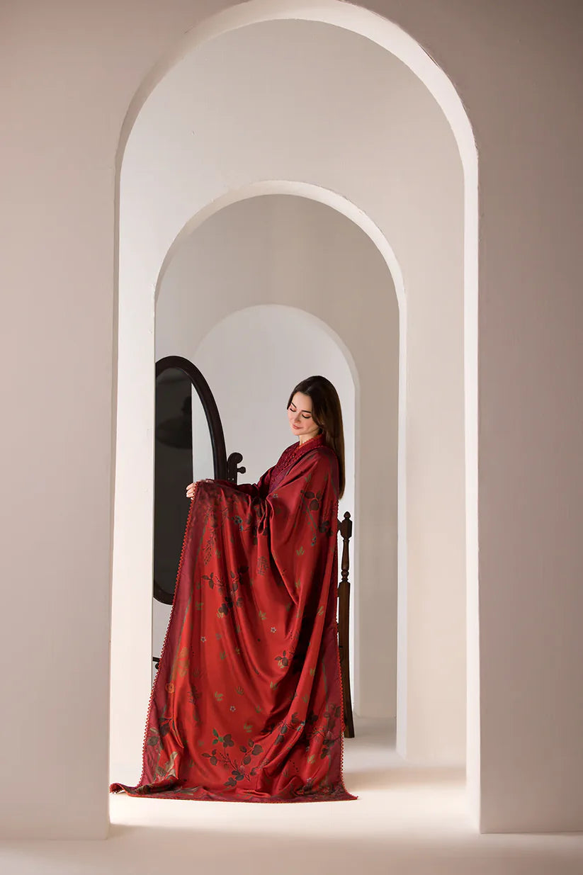 BrandsInn-3PC DHANAK EMBROIDERED SHIRT WITH COURTRAI PRINTED SHAWL AND TROUSER-BI-4026