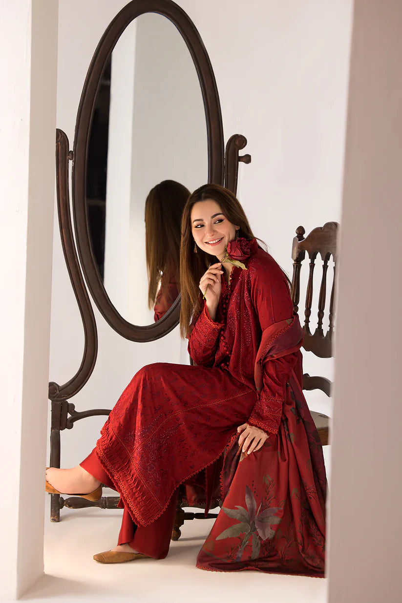 BrandsInn-3PC DHANAK EMBROIDERED SHIRT WITH COURTRAI PRINTED SHAWL AND TROUSER-BI-4026