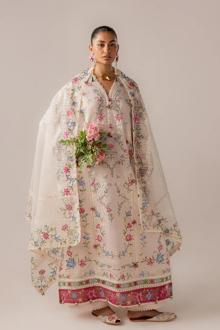 BrandsInn-3PC DHANAK EMBROIDERED SHIRT WITH KHADDI NET EMB DUPATTA & TROUSER-BI-5187