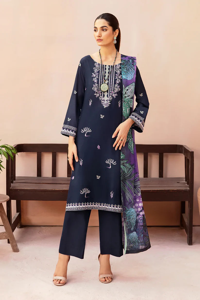 BrandsInn-3PC DHANAK EMBROIDERED SHIRT WITH COUTURE PRINTED SHAWL & TROUSER-BI-4112