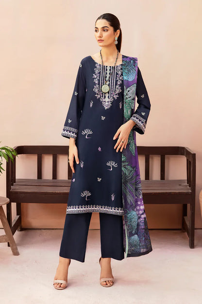 BrandsInn-3PC DHANAK EMBROIDERED SHIRT WITH COUTURE PRINTED SHAWL & TROUSER-BI-4072
