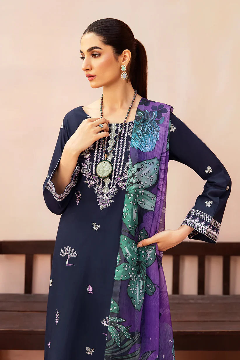BrandsInn-3PC DHANAK EMBROIDERED SHIRT WITH COUTURE PRINTED SHAWL & TROUSER-BI-4072