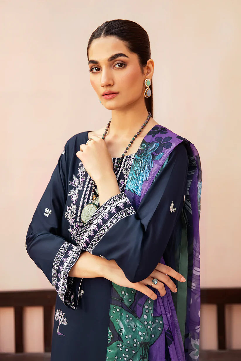 BrandsInn-3PC DHANAK EMBROIDERED SHIRT WITH COUTURE PRINTED SHAWL & TROUSER-BI-4072