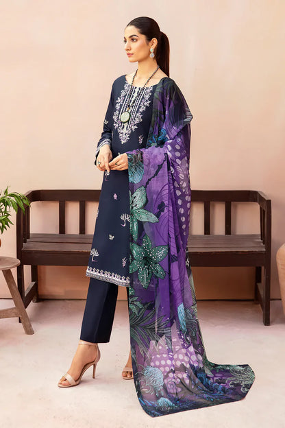BrandsInn-3PC DHANAK EMBROIDERED SHIRT WITH COUTURE PRINTED SHAWL & TROUSER-BI-4072