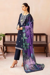 BrandsInn-3PC DHANAK EMBROIDERED SHIRT WITH COUTURE PRINTED SHAWL & TROUSER-BI-4072