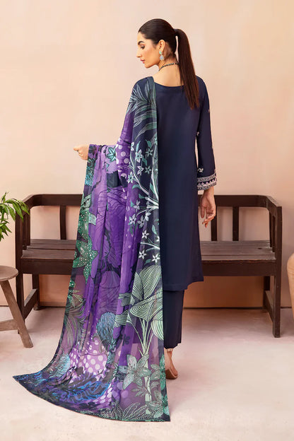 BrandsInn-3PC DHANAK EMBROIDERED SHIRT WITH COUTURE PRINTED SHAWL & TROUSER-BI-4072