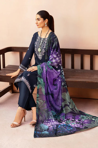BrandsInn-3PC DHANAK EMBROIDERED SHIRT WITH COUTURE PRINTED SHAWL & TROUSER-BI-4072