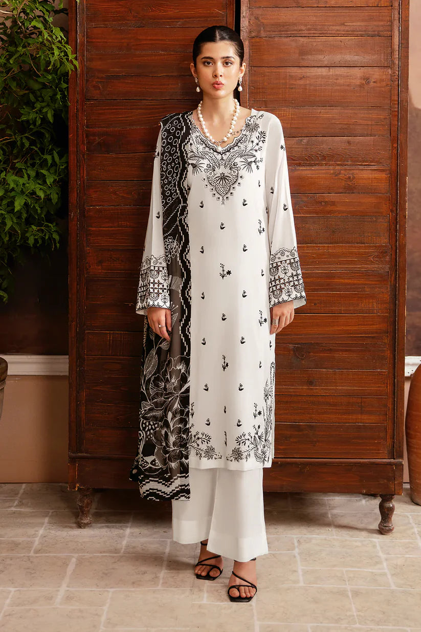 BrandsInn-3PC DHANAK EMBROIDERED SHIRT WITH COUTURE PRINTED SHAWL & TROUSER-BI-4114
