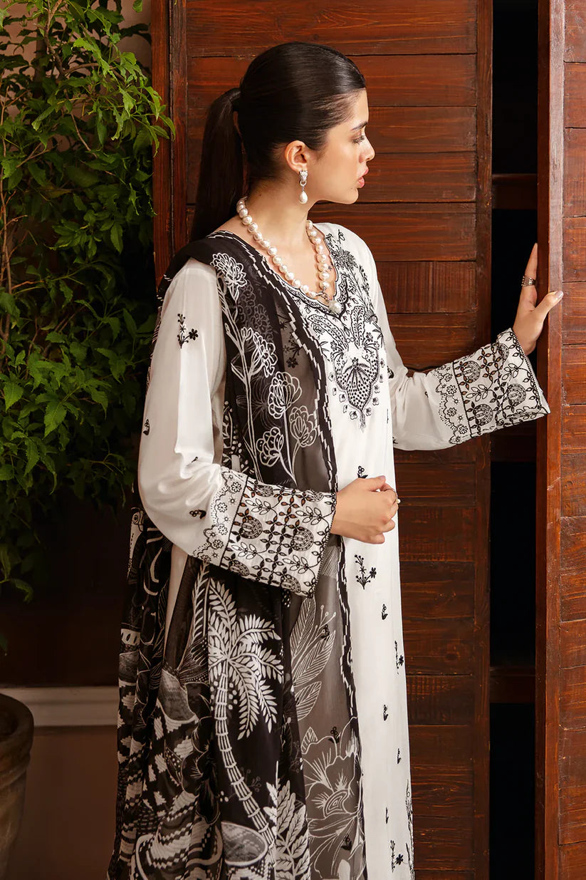 SERAN-3PC DHANAK EMBROIDERED SHIRT WITH COUTURE PRINTED SHAWL & TROUSER-BI-4070