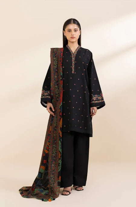 BrandsInn-3PC DHANAK EMBROIDERED SHIRT WITH COURTRAI PRINTED SHAWL & TROUSER-BI-4242
